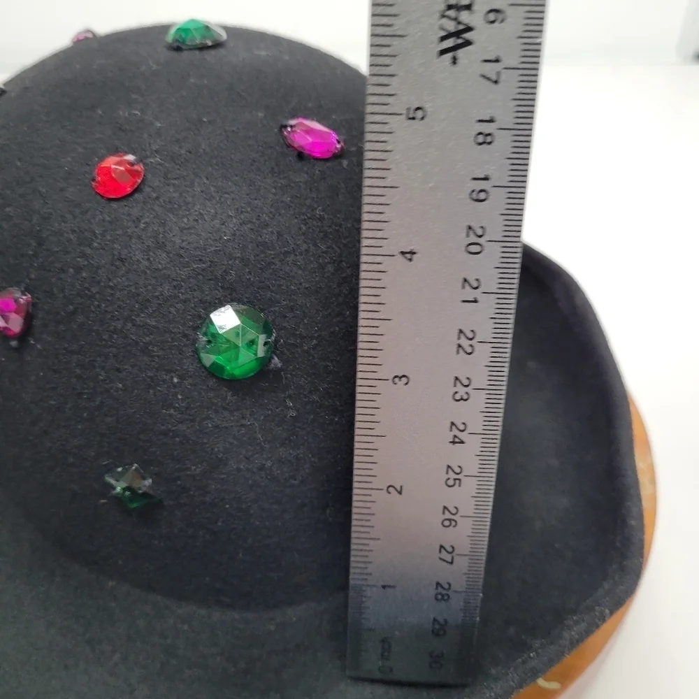 Vintage Wool Bejewled Made in Italy Black Hat Silver‎ Studs Felt 60s Retro - Picture 15 of 17
